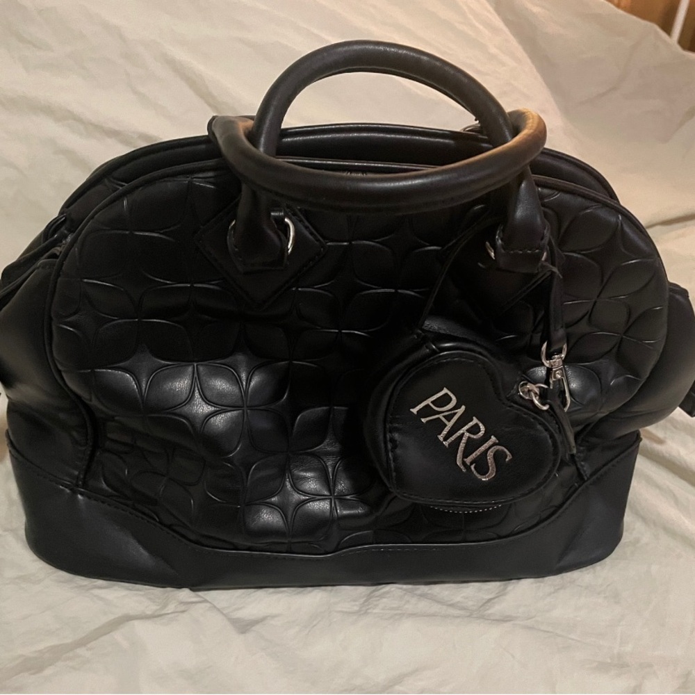 Paris Hilton Black Quilted Dome Purse Satchel Bag Zip Heart Coin Pouch